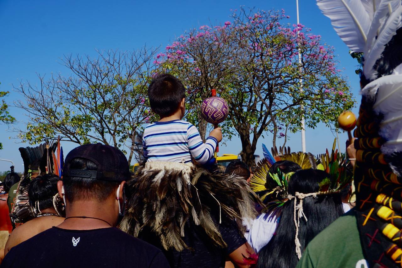 Indígenas participam de manifestação em Brasília (DF) durante o Acampamento Levante pela Terra, em junho de 2021. Foto: Isabella-Guljor