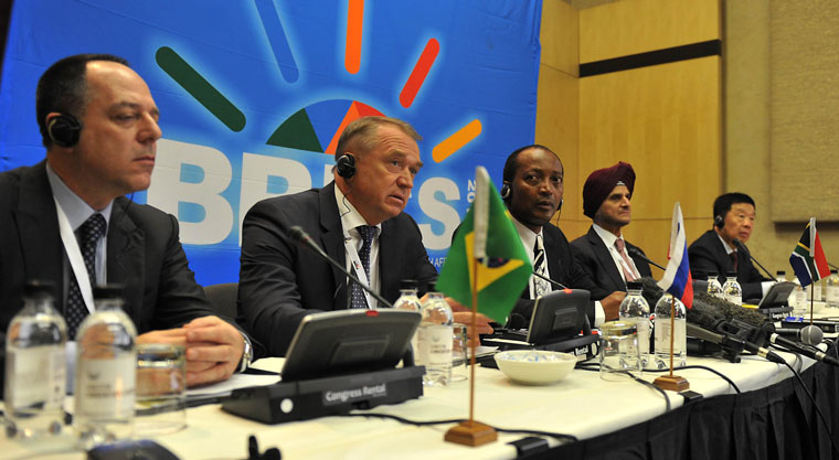 ( Brazil Jose Rubens De La Rosa, Russia Sergey Katryrin, SA Patrice Motespe, India Onkar Kanwar, China MA Zehua ) Chairmen of the BRICS countries during the media briefing at the first meeting of the BRICS Business Council held at the Sandton Convention Centre, Johannesburg. 20/08/2013